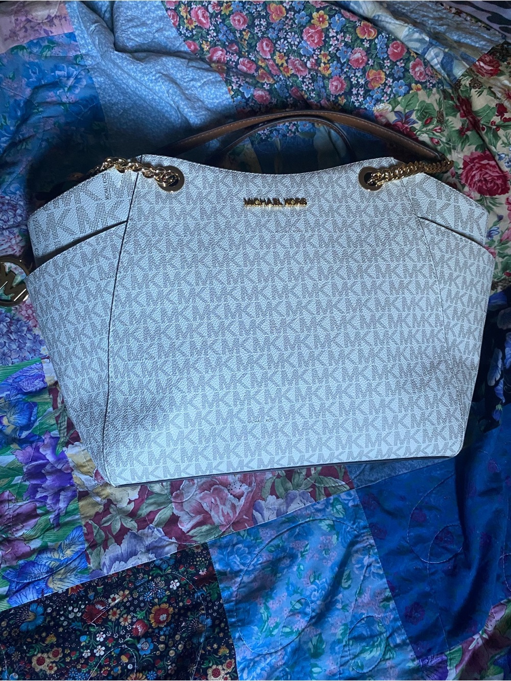 Michael Kors Cream and Brown Signature Tote with Gold Accents